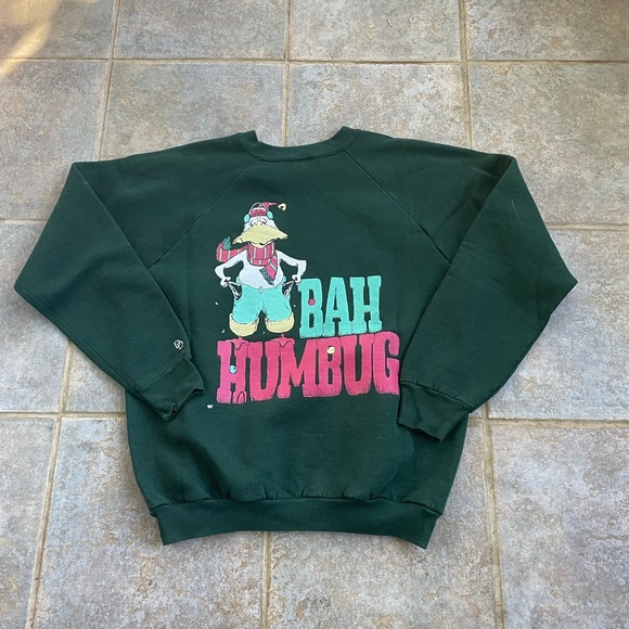 Vintage 80's Bah Humbug Christmas Crewneck Sweatshirt Forest Green Size Large - Picture 1 of 4